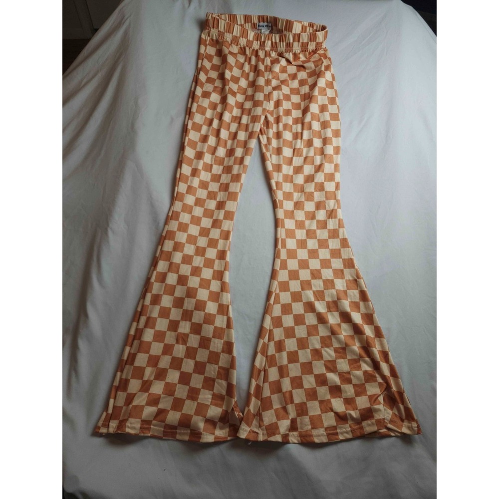 Daisy Del Sol Bell Bottom Pants Women Medium Brown Checkerboard Knit Retro Flare